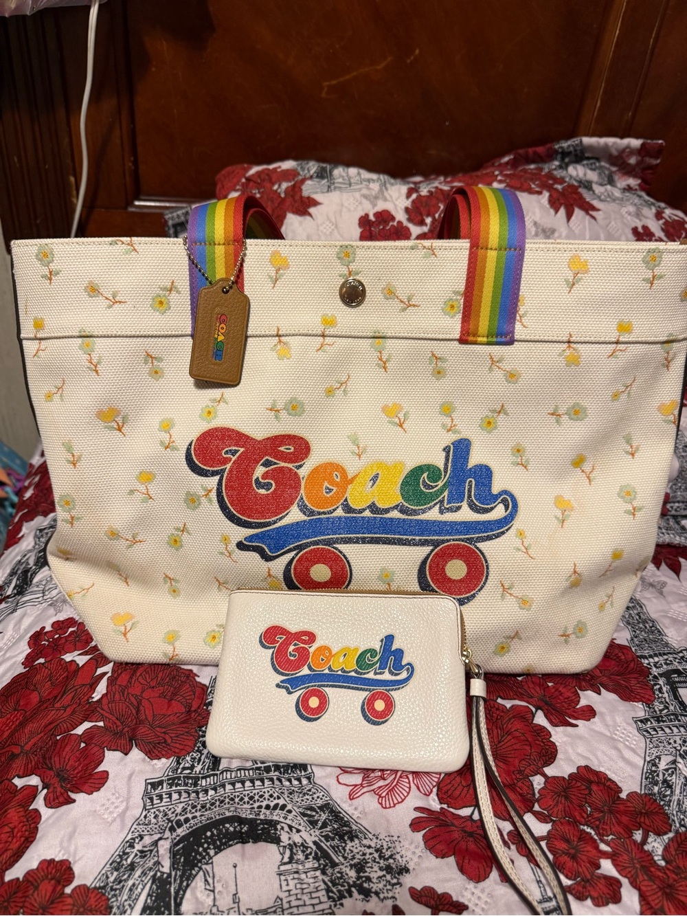 Coach Cream Canvas Tote with Rainbow Logo and Striped Handles